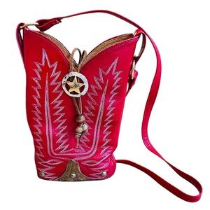 Vintage Women’s 80s Red Leather Cowboy Boot Shoulder Crossbody Bag Western